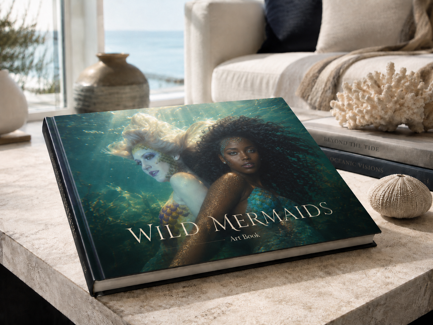 Concept render showing a proposed Wild Mermaids art book cover displayed on a coastal tabletop with underwater mermaid artwork