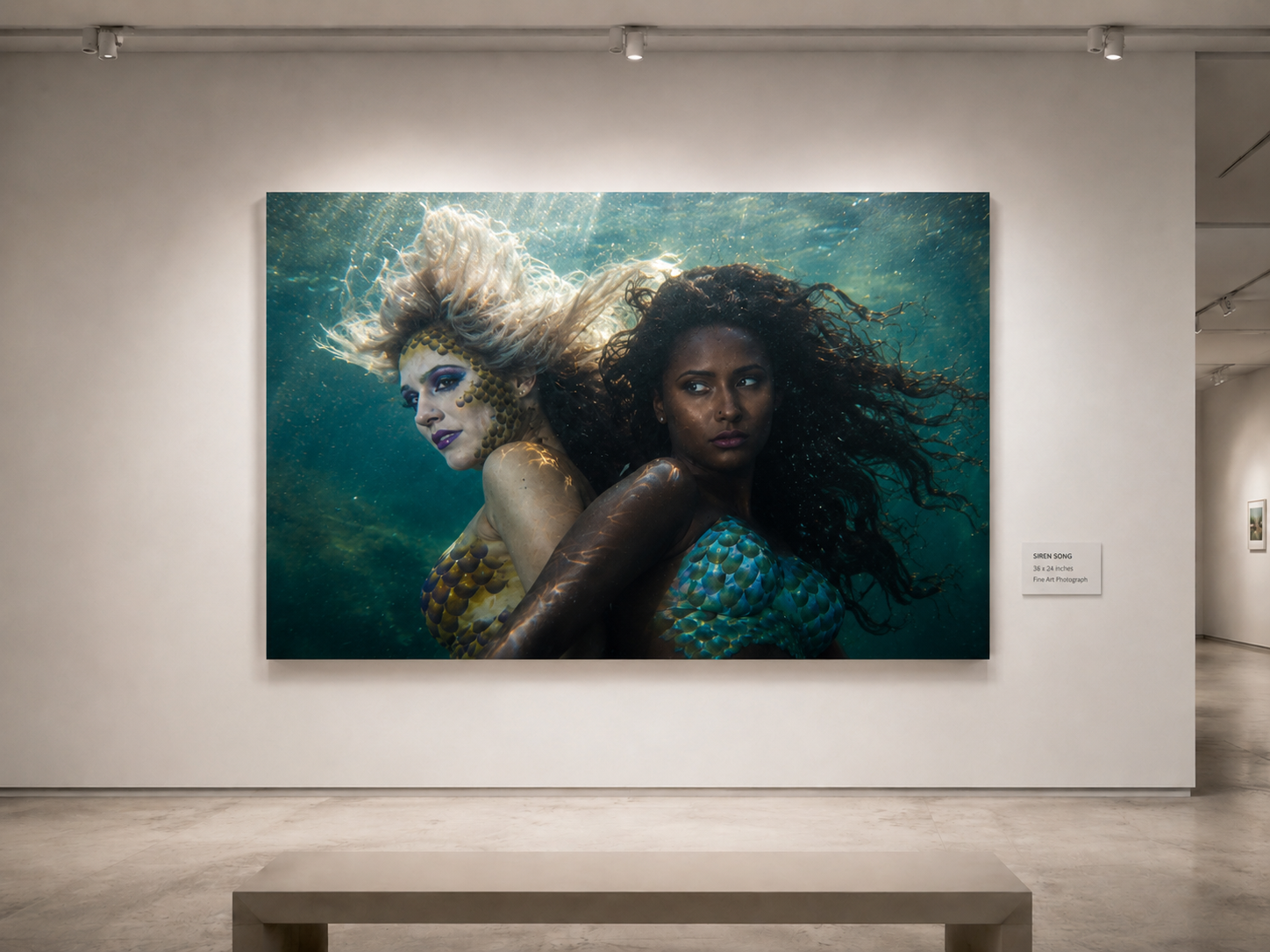 Concept render showing a proposed Wild Mermaids gallery print presentation with two women portrayed as mermaids underwater